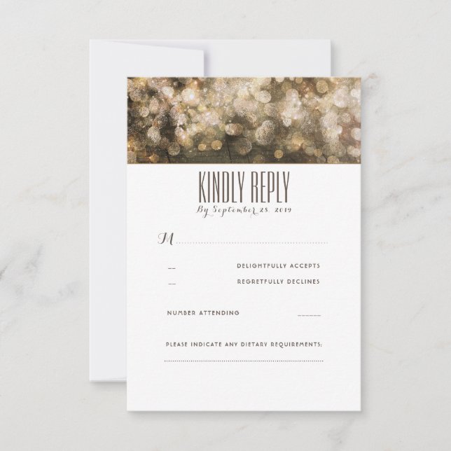 Guld String Ljus Rustic Bröllop OSA Card (Framsida)