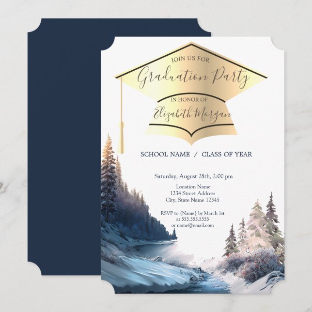 Guld Studentmössa,Liggande,Natur Studenten Inbjudningar (Fram/baksida)