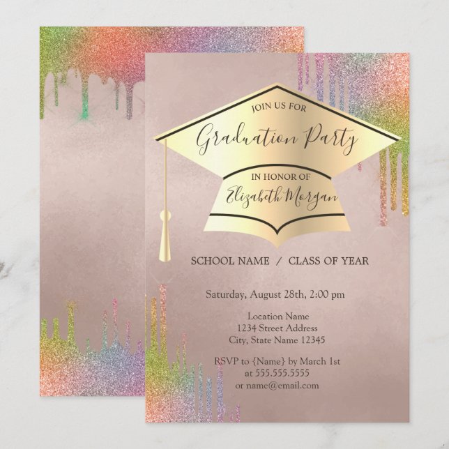 Guld Studentmössa,Regnbågregat Studenten Inbjudningar (Fram/baksida)