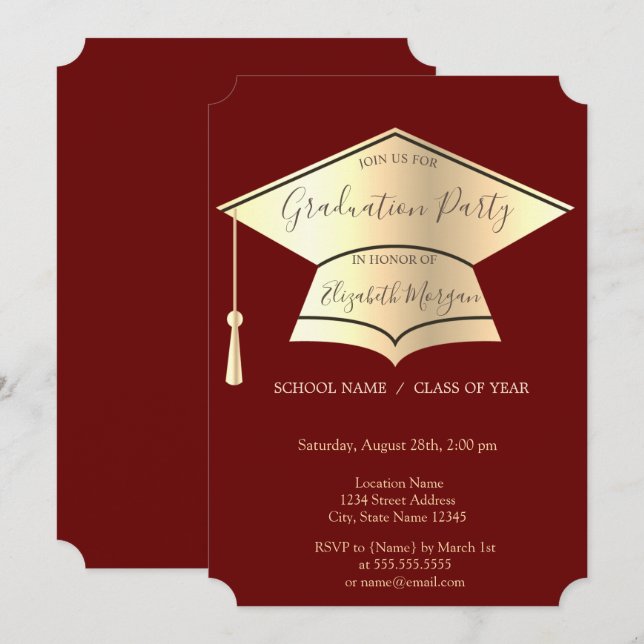 Guld Studentmössa,Röda Studenten Inbjudningar (Fram/baksida)