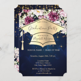 Guld Studentmössa,Stars,Blommor blå Studenten Inbjudningar