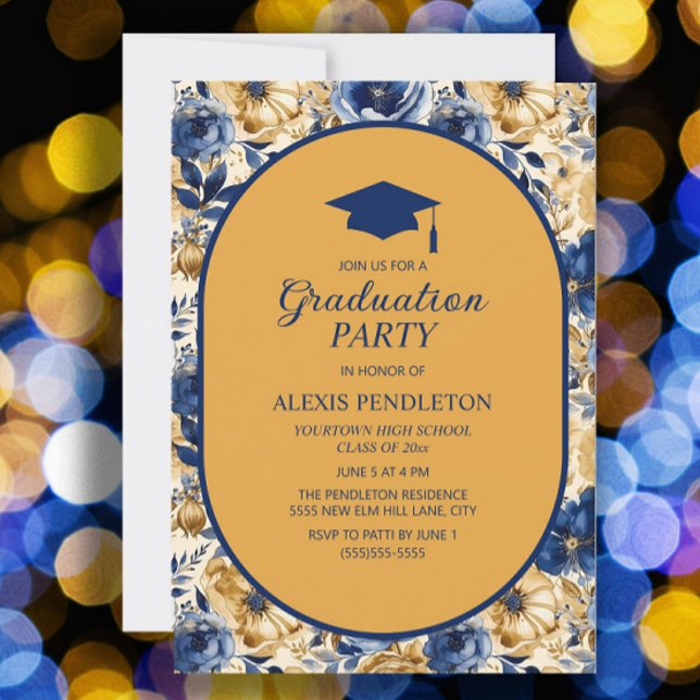 Guld-Studentmössan för blå Blommigt i högskolan Inbjudningar (Blue and gold floral graduation party invitation)
