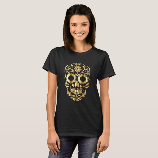 Guld Sugar Skull på svart T-shirt (Hel framsida)
