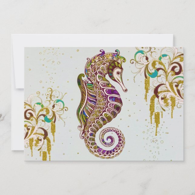 Guld Summer Rainbow Seahorse Glitter Julkort (Framsida)