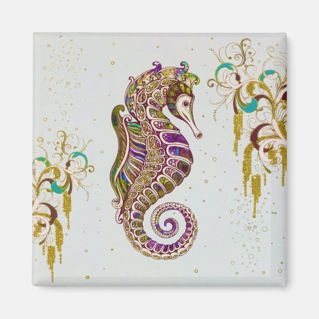 Guld Summer Rainbow Seahorse Glitter Magnet (Framsidan)