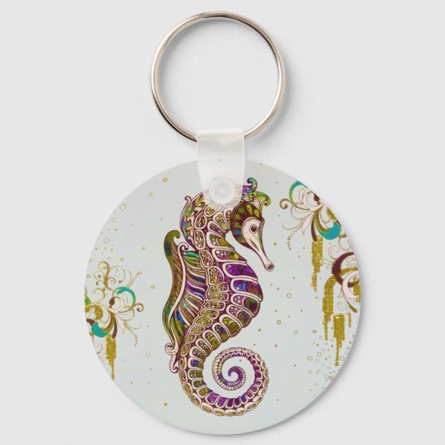 Guld Summer Rainbow Seahorse Glitter Nyckelring (Framsida)