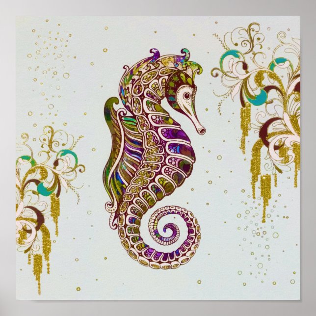 Guld Summer Rainbow Seahorse Glitter Poster (Framsidan)