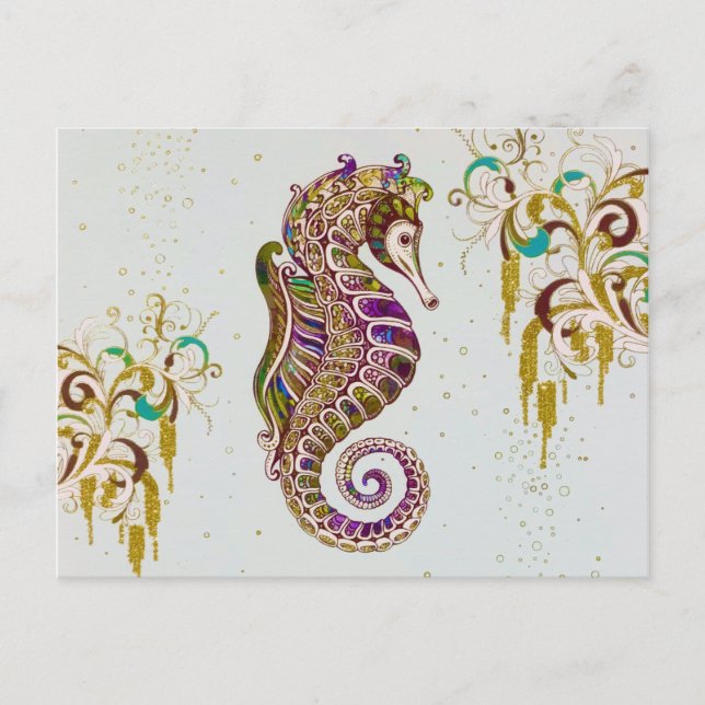 Guld Summer Rainbow Seahorse Glitter Vykort (Framsida)