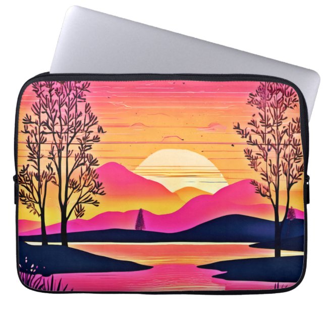 Guld sunset over Rosa Sjö Art Laptop Fodral (Framsidan)