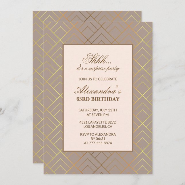 Guld Surprise party 63:e födelsedagsinbjudan Inbjudningar (Fram/baksida)
