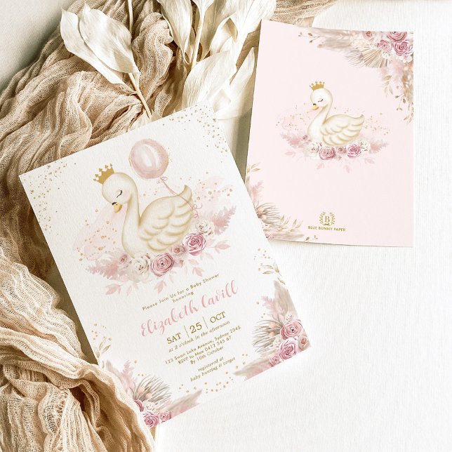  Guld Svan Princess Balloon Girl Baby Shower Inbjudningar (Skapare uppladdad)