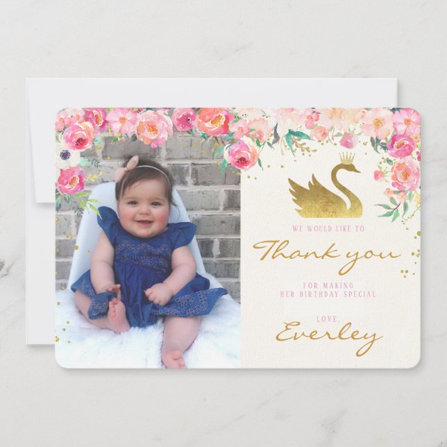 Guld- svanPrincess Rosa Blommigt Tacka dig att Tack Kort (Framsida)