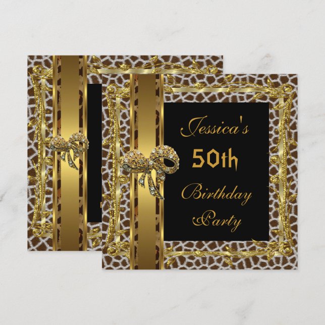 Guld Svart 50-årsdag Djur Vild Elegant 3 Inbjudningar (Fram/baksida)