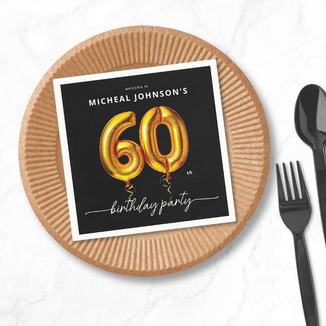 Guld, svart 60:e Födelsedagsfesten Pappersservett (Gold Balloon Black 60th Birthday Party Napkins)