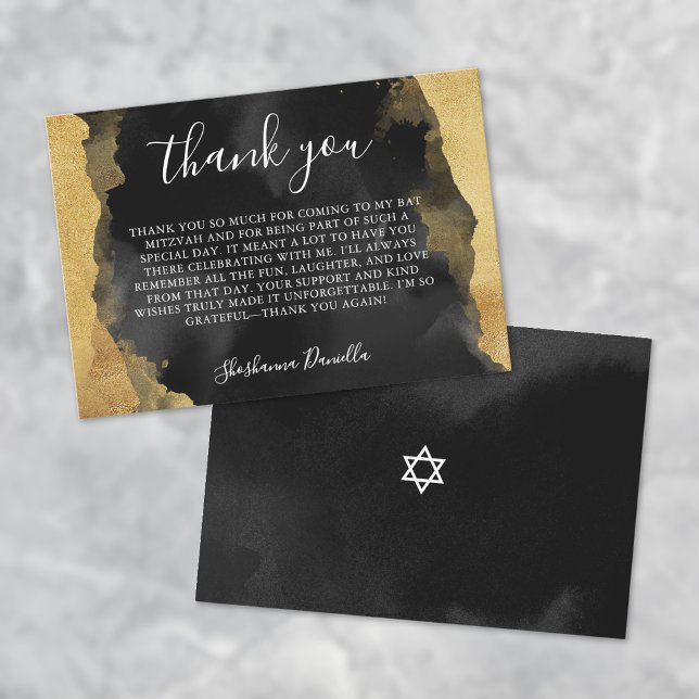 Guld Svart Akvarell Fladdermus Bar Mitzvah Tack Kort (Gold Black Watercolor Bat Bar Mitzvah Thank You Card)