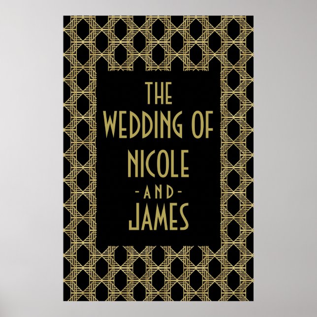 Guld Svart Art Deco Diamant Retro Bröllopsskylt Poster (Framsidan)