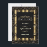 Guld Svart Art Deco Gatsby 1920-talet Spara datume Datumet<br><div class="desc">Glamourös,  romantisk Art Deco Great Gatsby-stil design. Den har Art Deco-stil,  falsk guld folie kantig form,  ornament och avdelare,  vacker vintage-teckensnitt,  på en svart Art Deco-bakgrund. Använd Anpassa verktyg för att lägga till din information. För matchande artiklar,  besök min Angular Art Style Collection.</div>