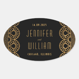 Guld Svart Art Deco-stil Bröllopsdekal Ovalt Klistermärke
