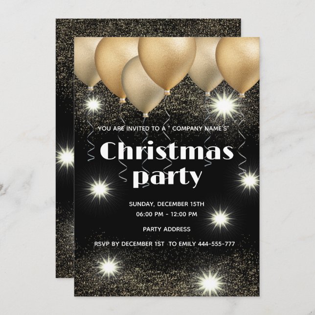 Guld/svart ballong - jul party inbjudningar (Fram/baksida)