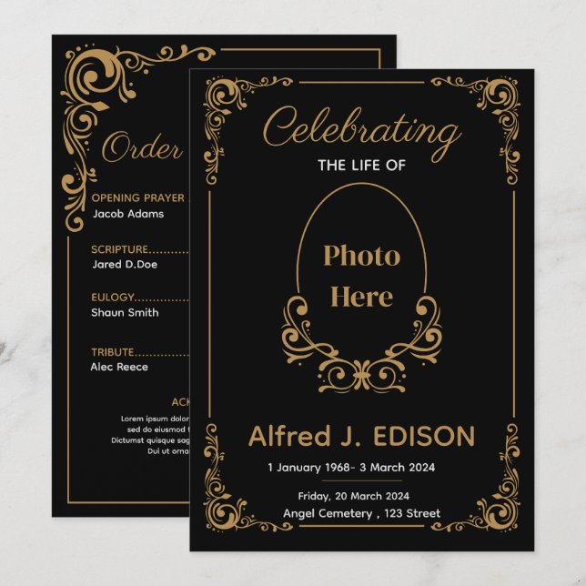 Guld Svart Begravningsprogram, Begravningsminnesgu Inbjudningar (Fram/baksida)