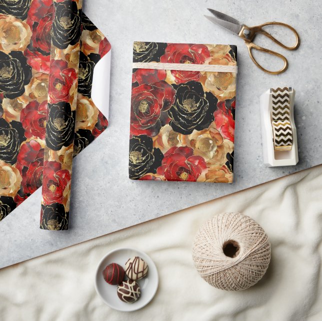 Guld Svart Blommig Bröllopsfest Bröllopsdusch  Presentpapper (Hantverk)