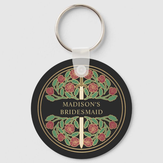 Guld Svart Blommig Brudtärna Kunglig Bröllopsprese Nyckelring (Framsida)