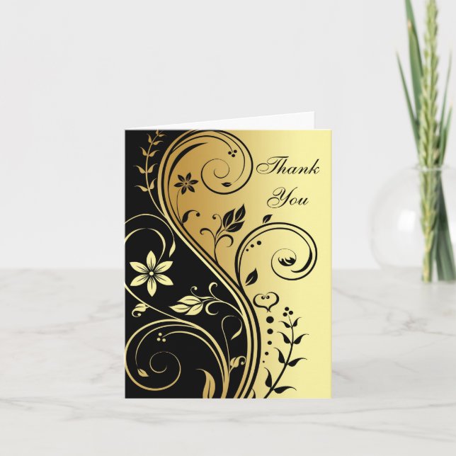 Guld & Svart Blommig Rullande Tack Greetingskort Kort (Framsida)