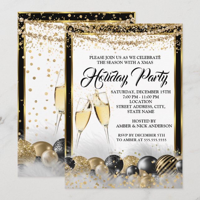 Guld Svart Champagne Julfest Julparty Inbjudningar (Fram/baksida)