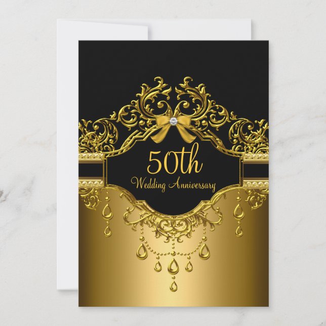 Guld & Svart Damask 50-årsjubileumsinbjudan Inbjudningar (Framsida)