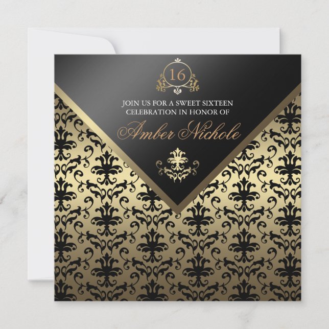 Guld & Svart Damask Sweet 16 Inbjudan (Framsida)