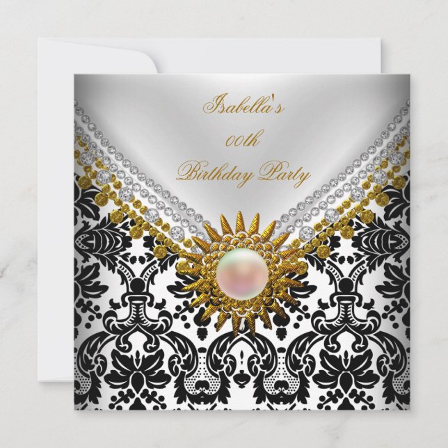 Guld Svart Damask Vit Elegant Födelsedagsfest Inbjudningar (Framsida)