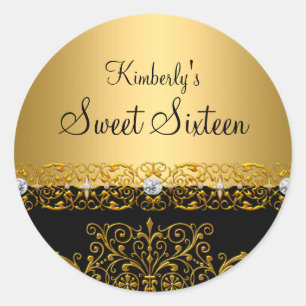 Guld & svart damast Sweet Sixteen dekal Runt Klistermärke
