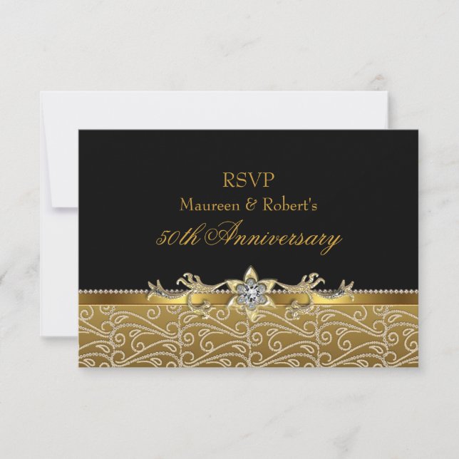 Guld & svart diamant 50-årsjubileum RSVP OSA Kort (Framsida)