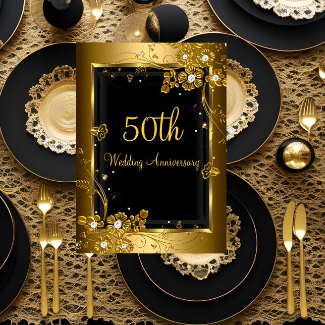 Guld Svart Diamant Blommig 50-årsjubileumsparty Inbjudningar (Skapare uppladdad)