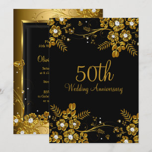 Guld Svart Diamant Blommig Virvel 50-årsjubileum Inbjudningar