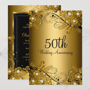 Guld Svart Diamant Blommig Virvel 50-årsjubileum Inbjudningar