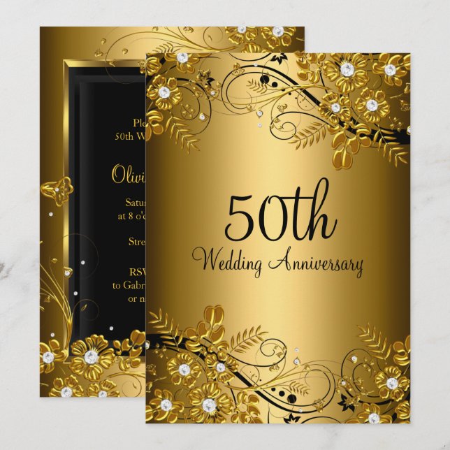 Guld Svart Diamant Blommig Virvel 50-årsjubileum Inbjudningar (Fram/baksida)