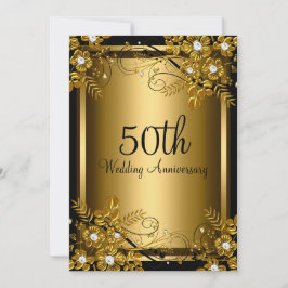 Guld Svart Diamant Blommig Virvel 50-årsjubileum Inbjudningar