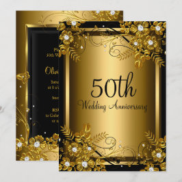 Guld Svart Diamant Blommig Virvel 50-årsjubileum Inbjudningar