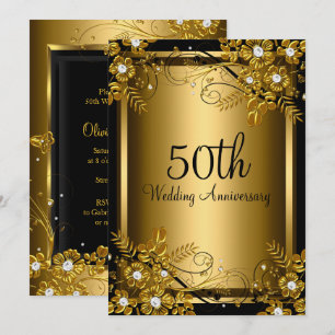 Guld Svart Diamant Blommig Virvel 50-årsjubileum Inbjudningar