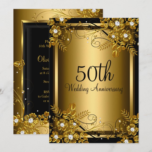 Guld Svart Diamant Blommig Virvel 50-årsjubileum Inbjudningar (Fram/baksida)