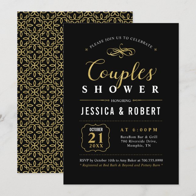 Guld & Svart | Elegant Bröllopsfest för Par Inbjudningar (Fram/baksida)