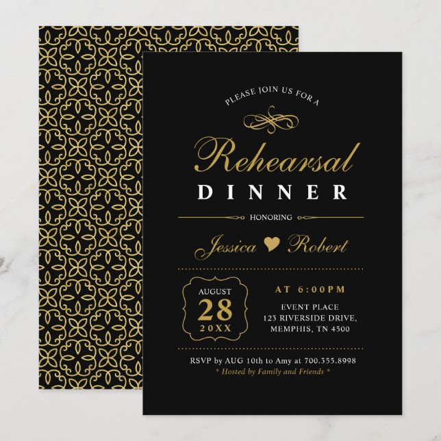 Guld & Svart | Elegant Invitation till Övningsmidd Inbjudningar (Fram/baksida)