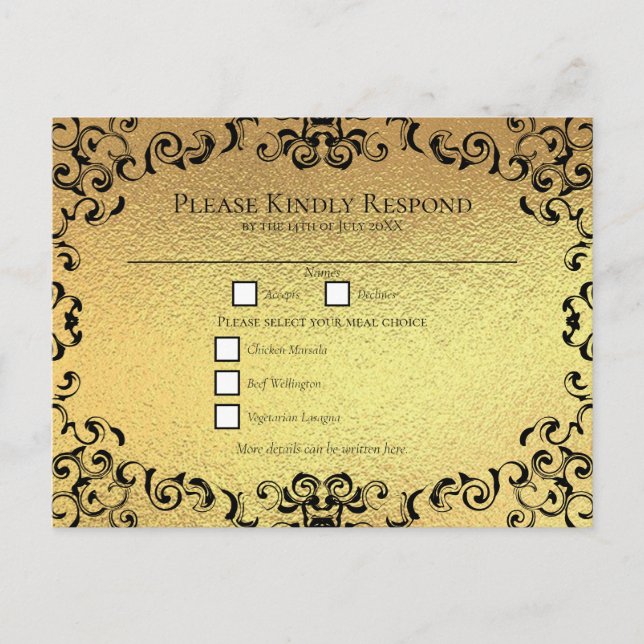 Guld Svart Elegant Virvel Gotisk Bröllop Helg Vykort (Framsida)