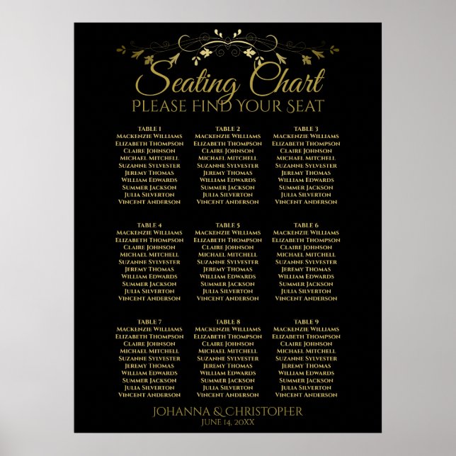 Guld & Svart Enkel 9 Bord Bröllopsställning Diagra Poster (Framsidan)