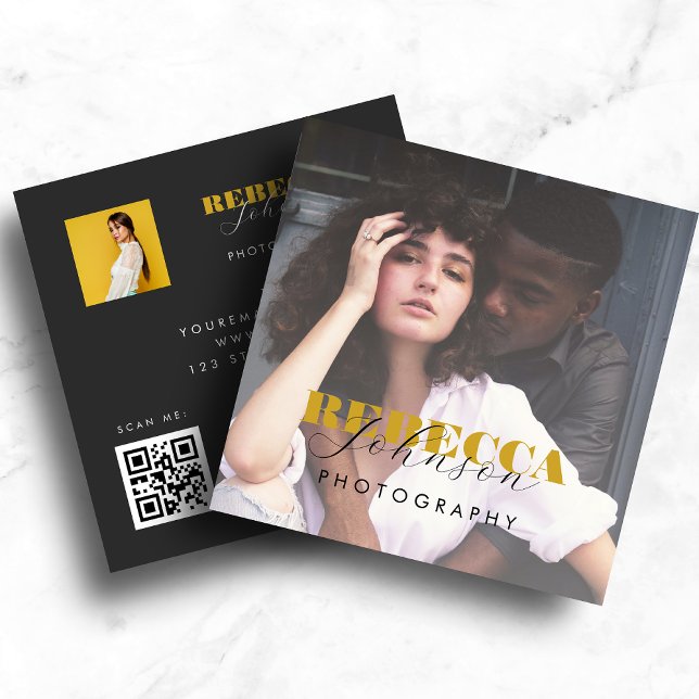 Guld Svart fet skript 2 Photo Minimal QR-kod Fyrkantigt Visitkort (Skapare uppladdad)