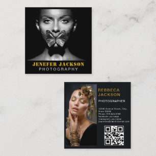 Guld Svart fet skript 2 Photo Minimal QR-kod Fyrkantigt Visitkort