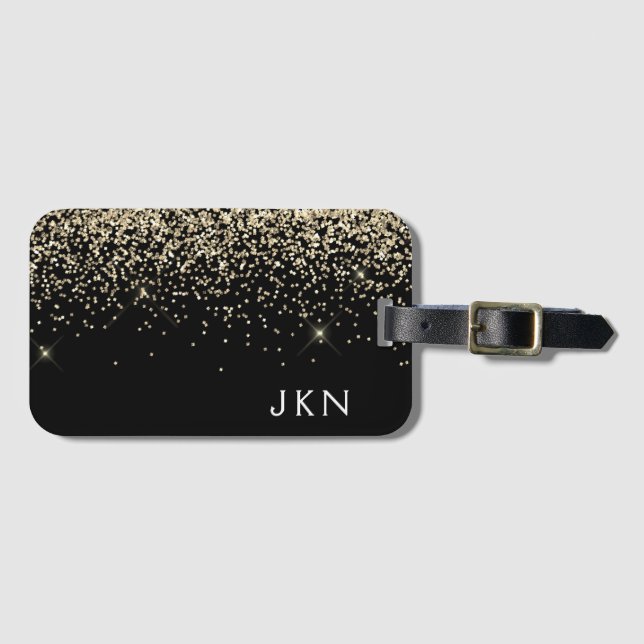 Guld Svart Flickaktig Glitter Glans Monogram Namn Bagagebricka (Framsida horisontal)