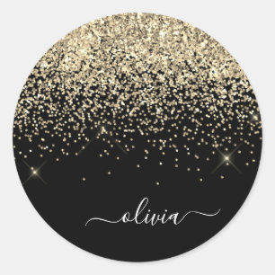 Guld Svart Flickaktig Glitter Glans Monogram Namn Runt Klistermärke