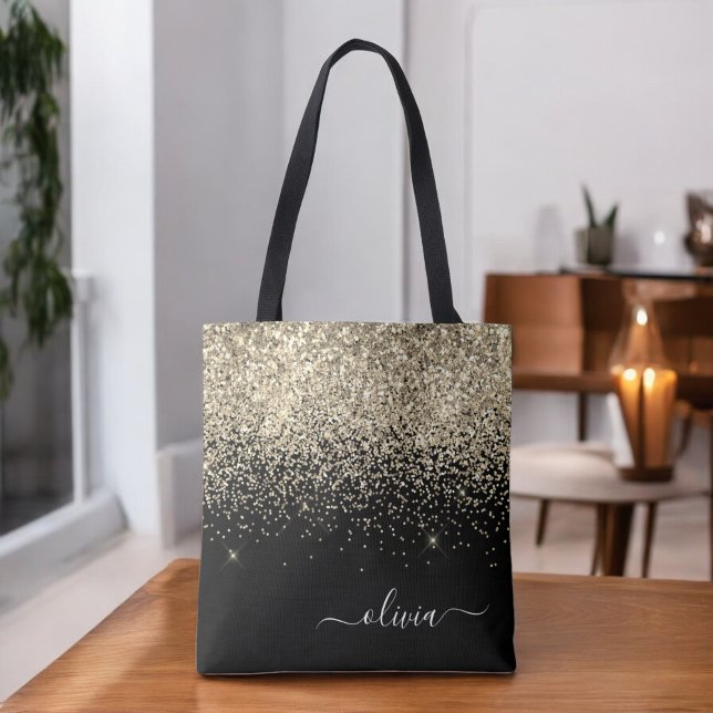 Guld Svart Flickig Glitter Glans Monogram Namn Tygkasse (Skapare uppladdad)